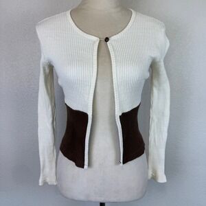 VTG B.B. Apparel Colorblock Ribbed Cardigan Sweater Cream Brown Button Front Top